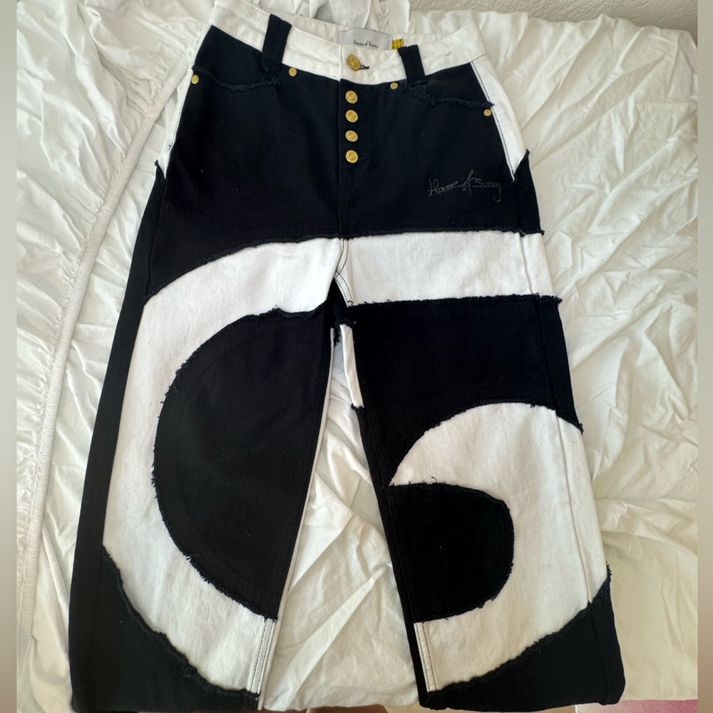 House of Sunny Black and White Pants with Gold Accents